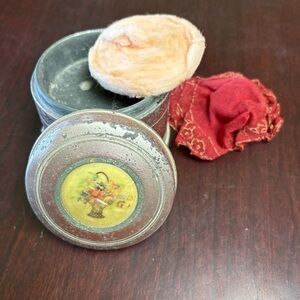 Antique Powder Jar,  Metal  Container w/ Soft Powder Puff, Sprague Music Box
